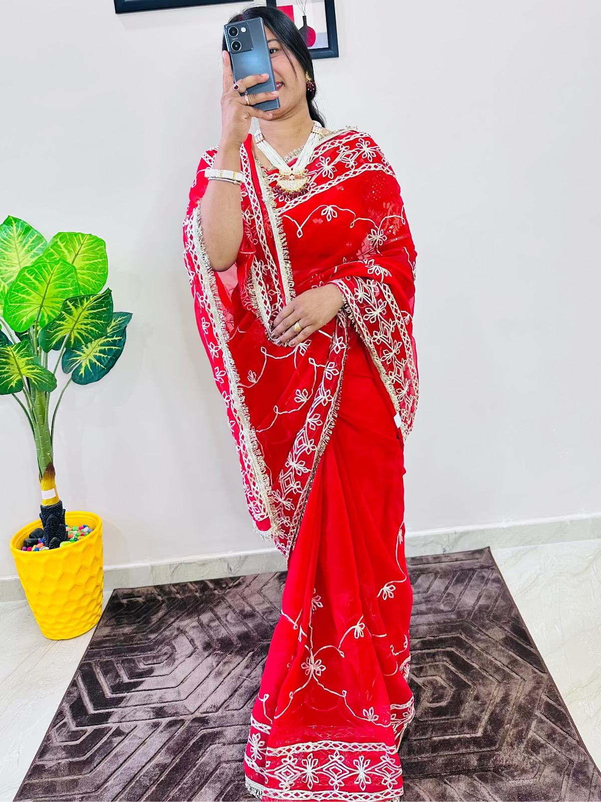 Georgette Gota Patti Work Saree with Blouse | Free Size | 5.5 Meter Length | Red (Maroon Shade)