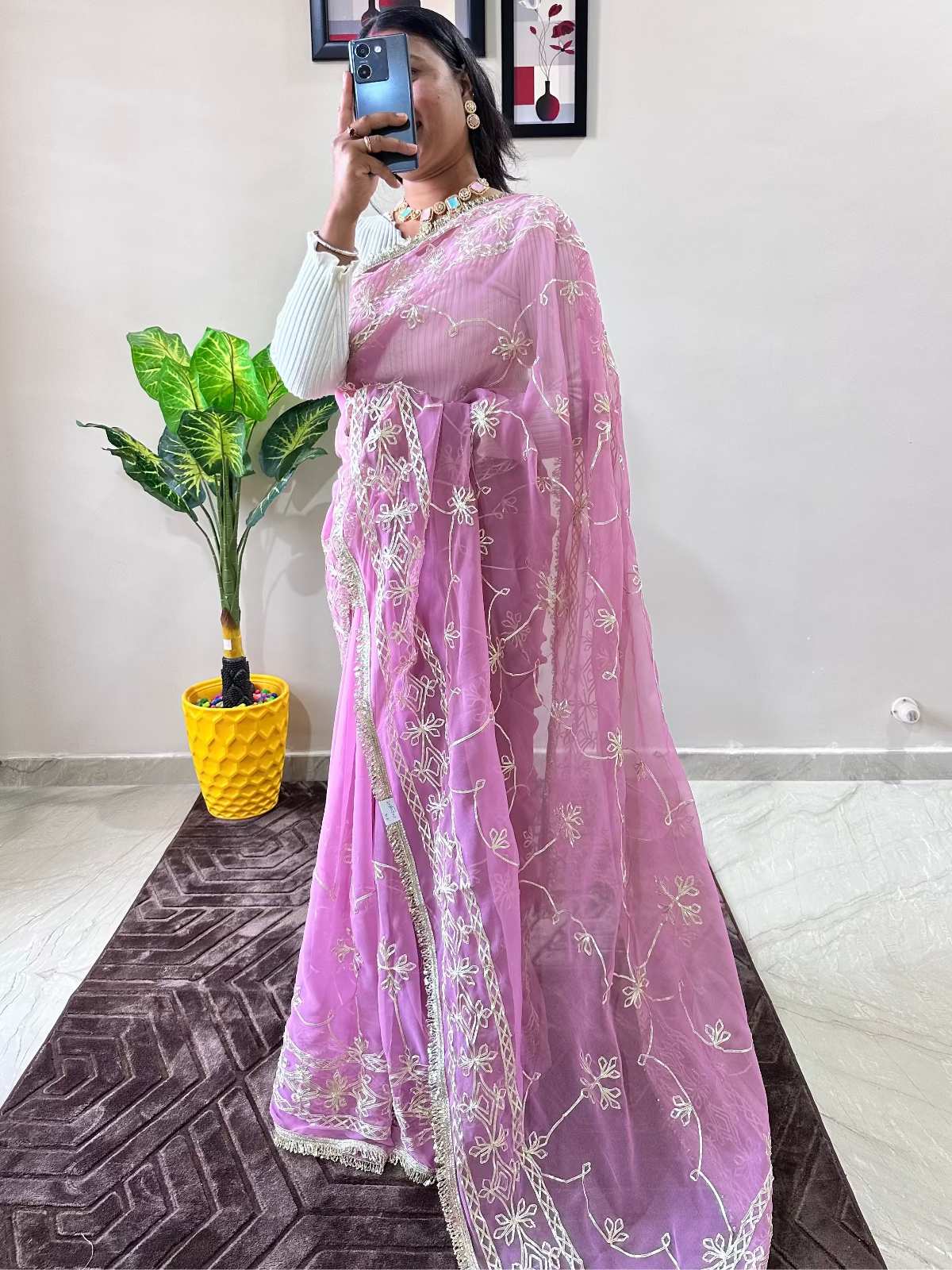 Georgette Gota Patti Work Saree with Blouse | Free Size | 5.5 Meter Length | Light Purple