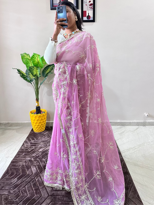 Georgette Gota Patti Work Saree with Blouse | Free Size | 5.5 Meter Length | Light Purple