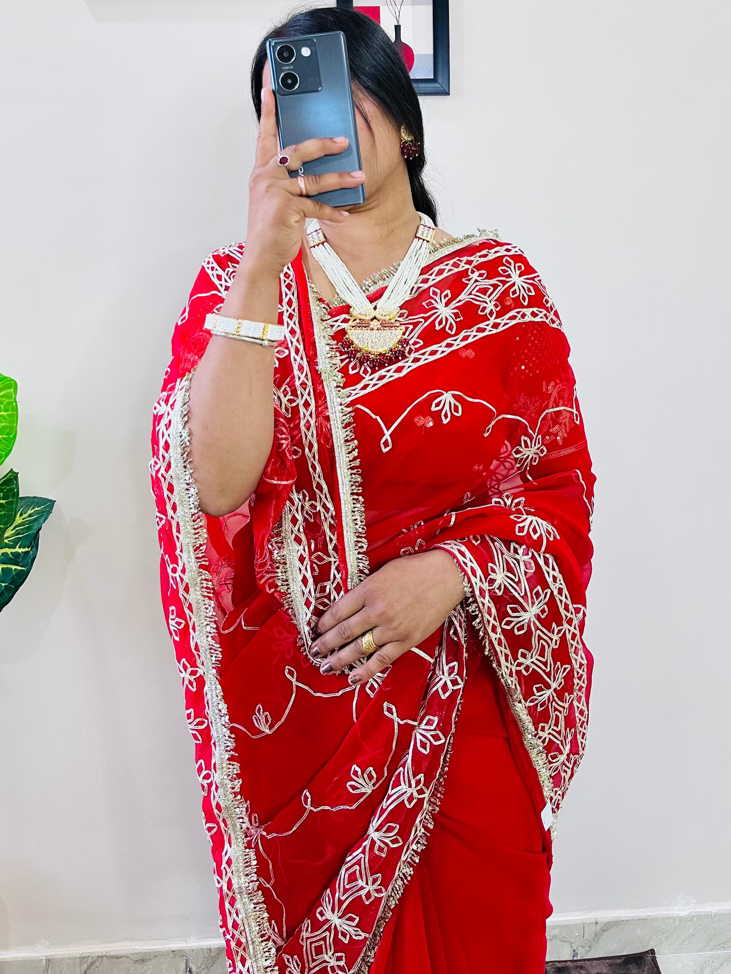 Georgette Gota Patti Work Saree with Blouse | Free Size | 5.5 Meter Length | Red (Maroon Shade)