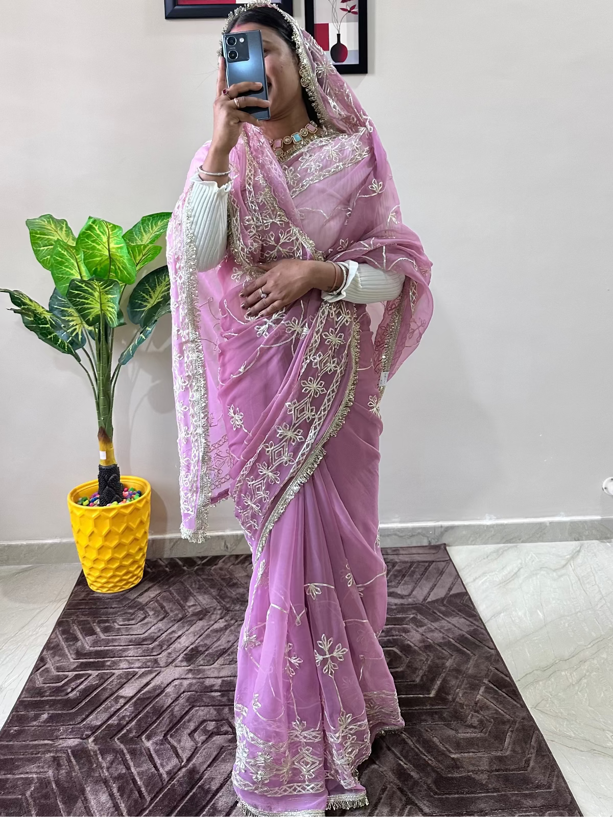 Georgette Gota Patti Work Saree with Blouse | Free Size | 5.5 Meter Length | Light Purple