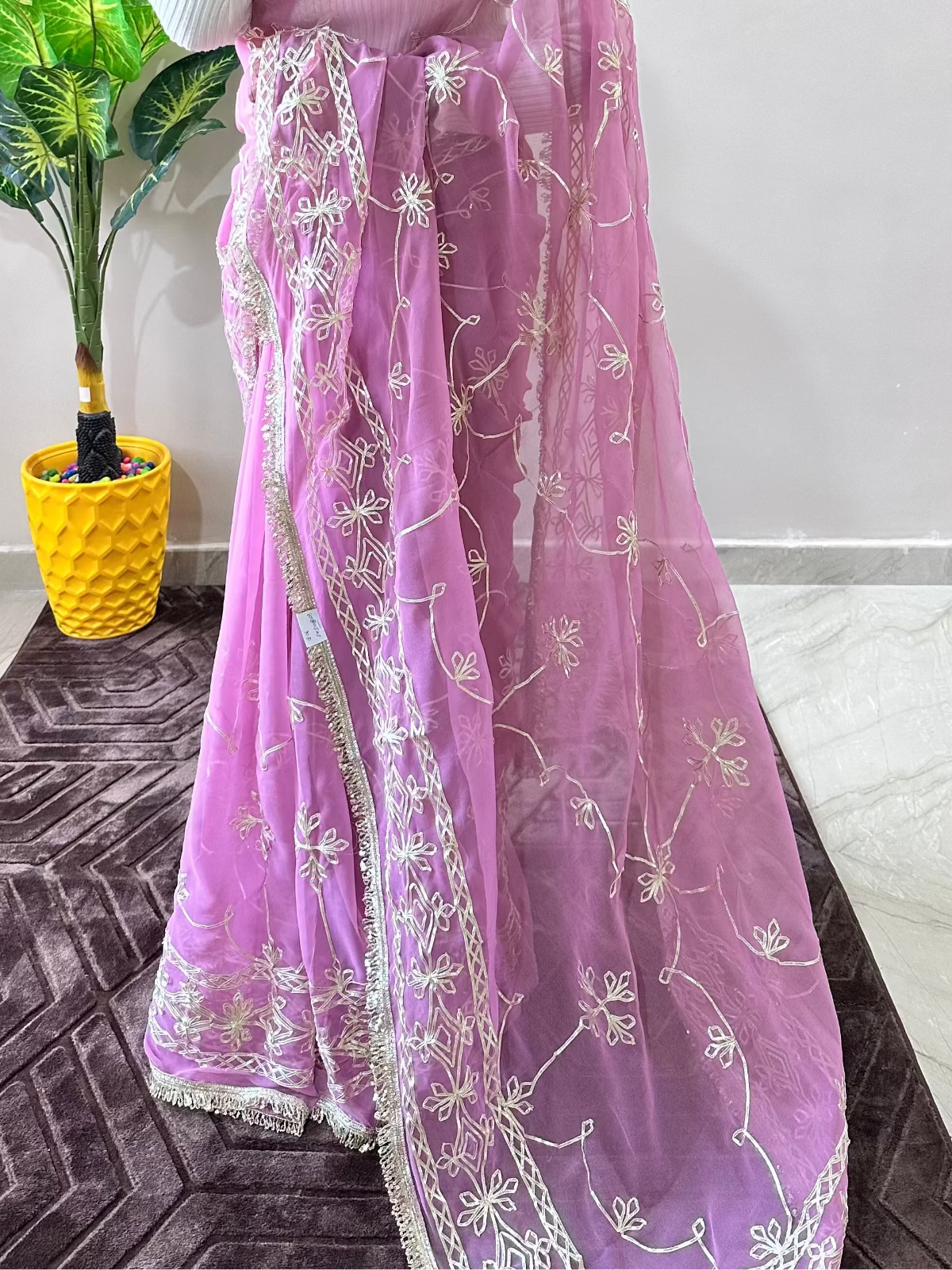 Georgette Gota Patti Work Saree with Blouse | Free Size | 5.5 Meter Length | Light Purple